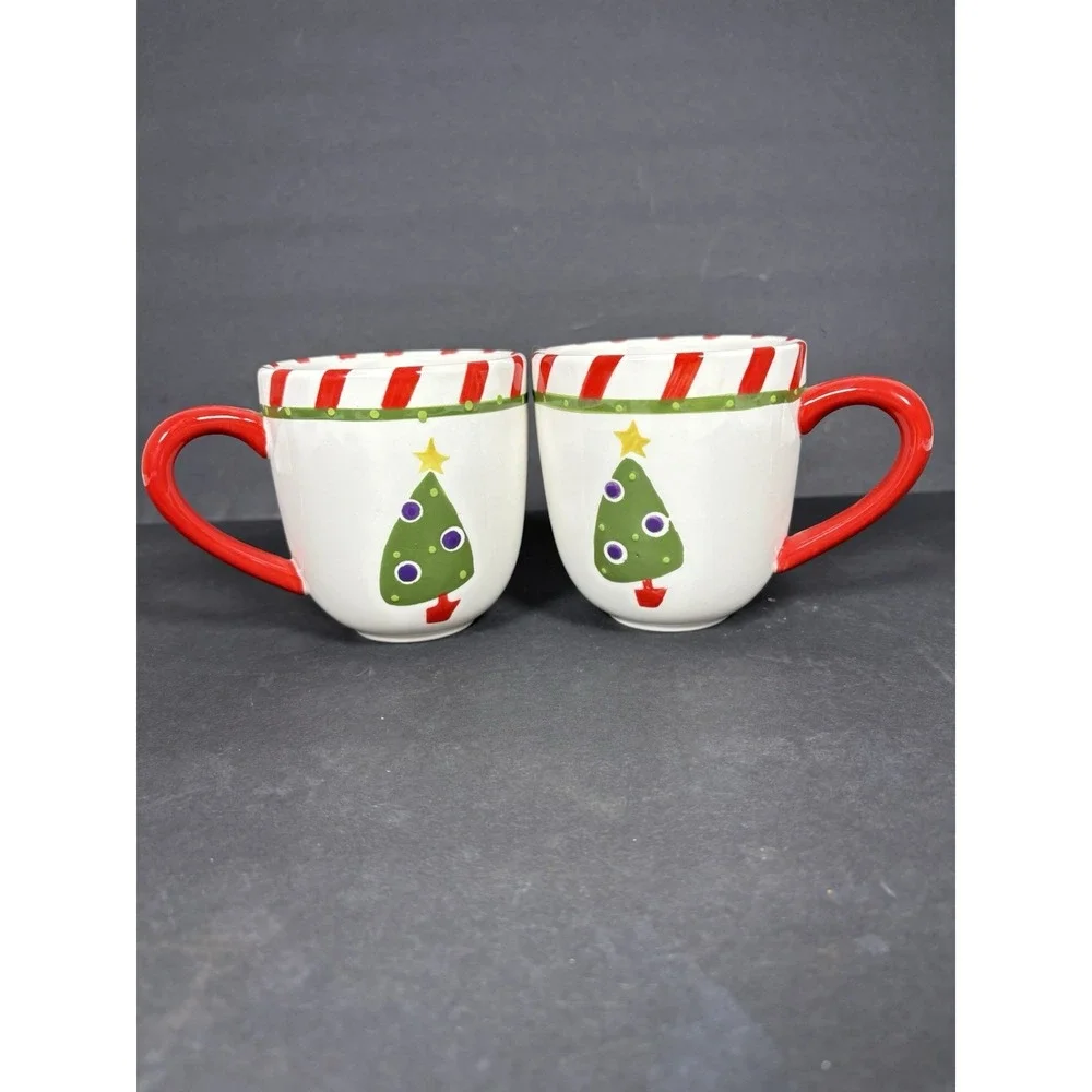 Pier 1 Christmas Tree Mugs Set of 2 Candy Cane Stripe Ironstone Holiday